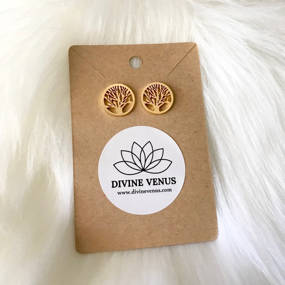 Tree of Life Earrings Gold Plated Stainless Steel - Picture 3 of 5